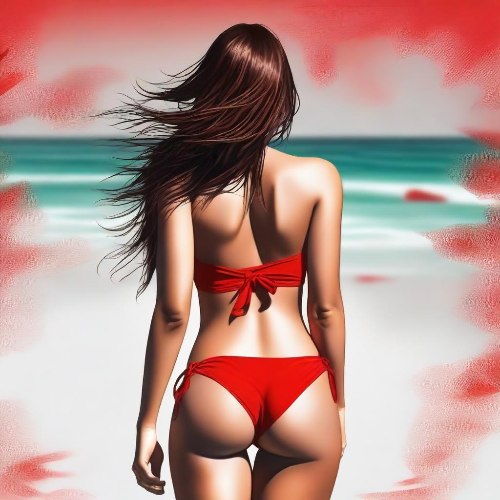 Generate a high-quality, realistic digital art image of a brunette girl wearing a red bikini