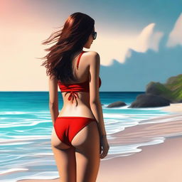 Generate a high-quality, realistic digital art image of a brunette girl wearing a red bikini