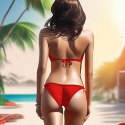 Generate a high-quality, realistic digital art image of a brunette girl wearing a red bikini