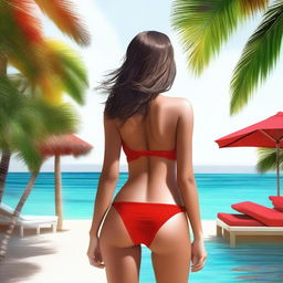 Generate a high-quality, realistic digital art image of a brunette girl wearing a red bikini