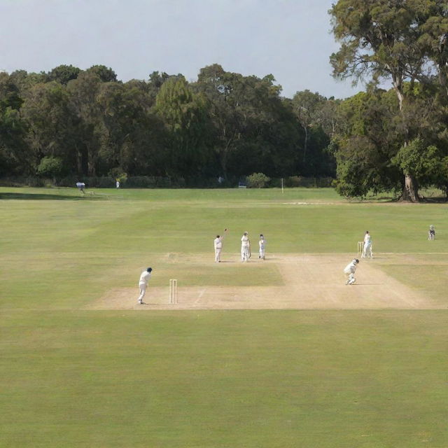 A picturesque cricket match in full swing on a brightly lit day, showcasing the batsman in action and fielders strategically positioned across the field.