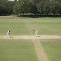 A picturesque cricket match in full swing on a brightly lit day, showcasing the batsman in action and fielders strategically positioned across the field.