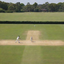 A picturesque cricket match in full swing on a brightly lit day, showcasing the batsman in action and fielders strategically positioned across the field.