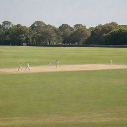 A picturesque cricket match in full swing on a brightly lit day, showcasing the batsman in action and fielders strategically positioned across the field.