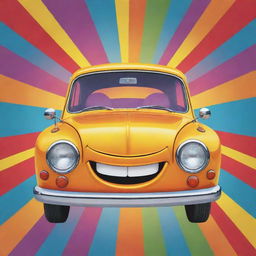 A cartoonish car with a vibrant, happy face, radiating positivity and joy