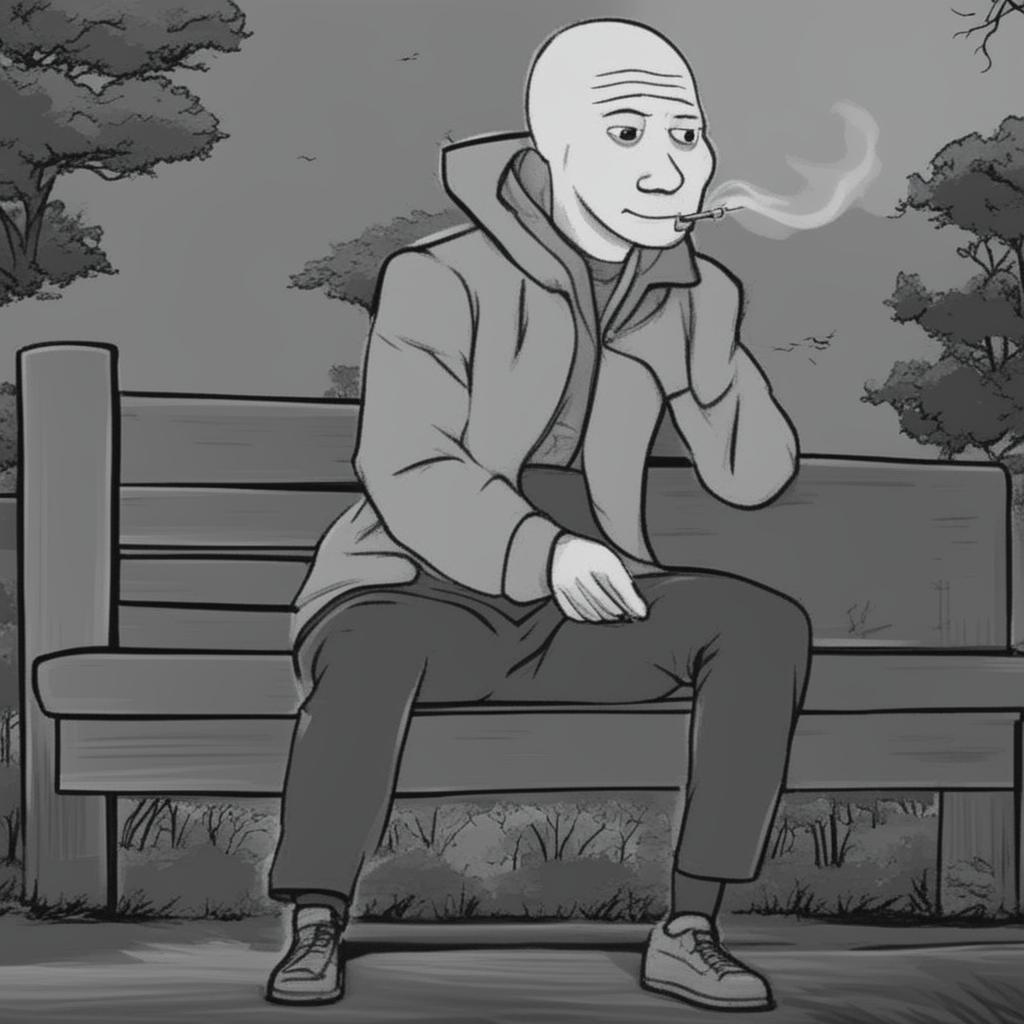 A high-quality digital art image portraying the Doomer Wagie Wojak meme character sitting alone on a park bench at night, smoking a cigarette