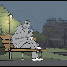 A high-quality digital art image portraying the Doomer Wagie Wojak meme character sitting alone on a park bench at night, smoking a cigarette