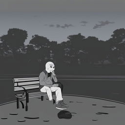 A high-quality digital art image portraying the Doomer Wagie Wojak meme character sitting alone on a park bench at night, smoking a cigarette