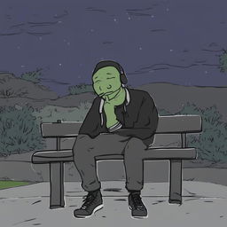 A high-quality digital art image portraying the Doomer Wagie Wojak meme character sitting alone on a park bench at night, smoking a cigarette