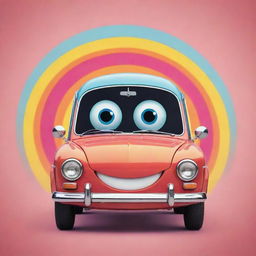 A cartoonish car with a vibrant, happy face, radiating positivity and joy