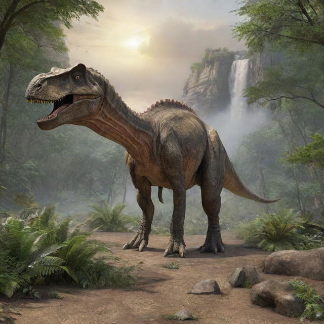 A detailed and lifelike image of a dinosaur in a prehistoric environment.