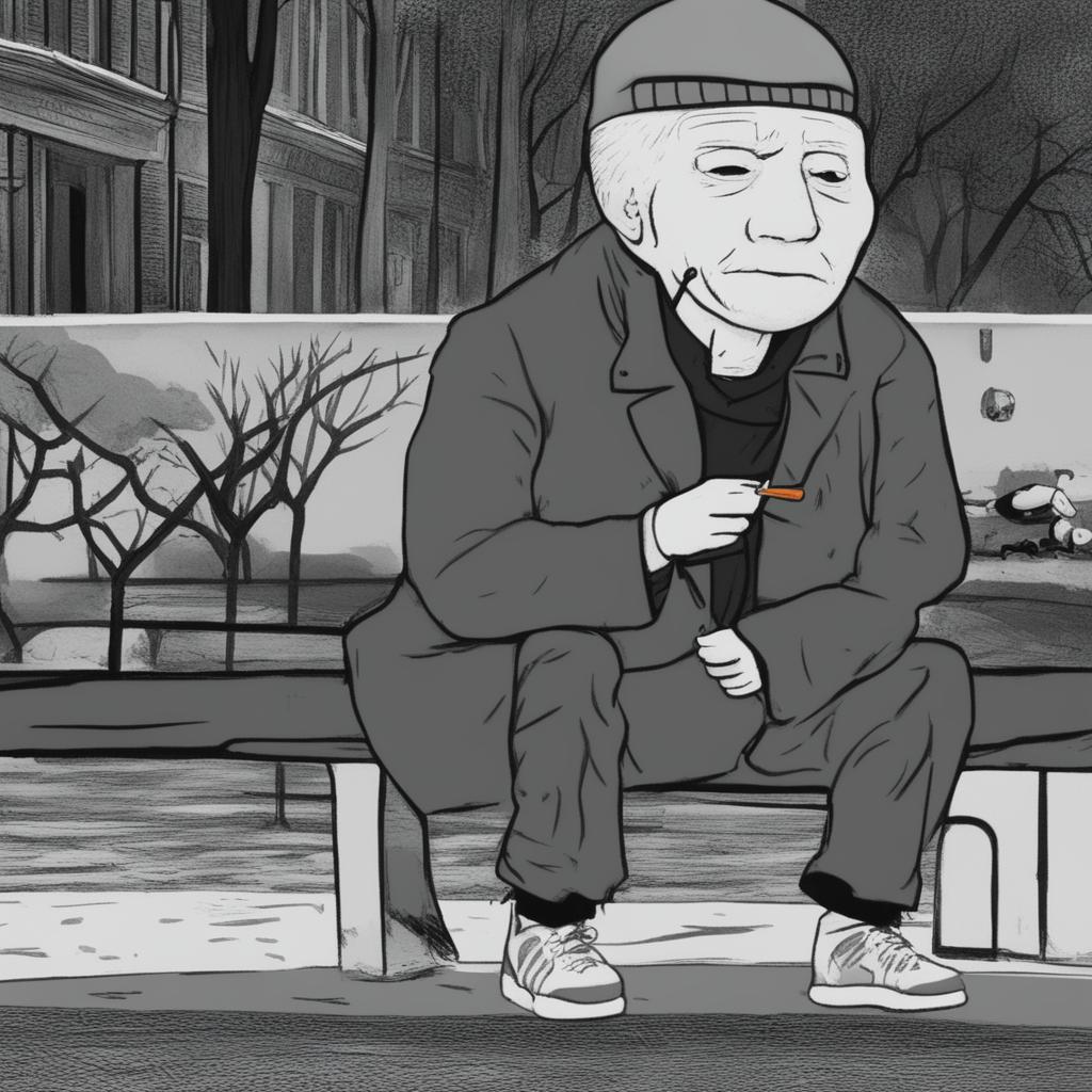 This high-quality, digital art image depicts the Doomer Wagie Wojak meme character, seated alone on a park bench on New Year's Eve, smoking a cigarette