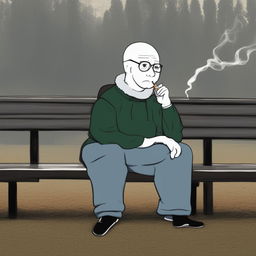 This high-quality, digital art image depicts the Doomer Wagie Wojak meme character, seated alone on a park bench on New Year's Eve, smoking a cigarette