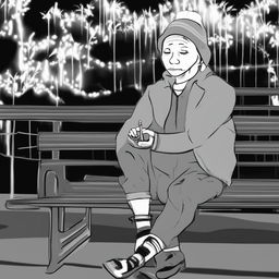 This high-quality, digital art image depicts the Doomer Wagie Wojak meme character, seated alone on a park bench on New Year's Eve, smoking a cigarette