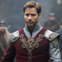 Depict a royally dressed Prince Alaric in turmoil, battling his inner conflict between duty towards his kingdom and passionate love for Elara.