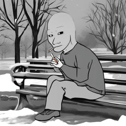 This high-quality, digital art image depicts the Doomer Wagie Wojak meme character, seated alone on a park bench on New Year's Eve, smoking a cigarette