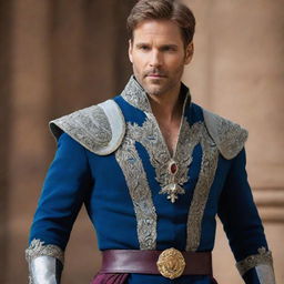 Depict a royally dressed Prince Alaric in turmoil, battling his inner conflict between duty towards his kingdom and passionate love for Elara.