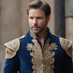 Depict a royally dressed Prince Alaric in turmoil, battling his inner conflict between duty towards his kingdom and passionate love for Elara.