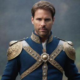 Depict a royally dressed Prince Alaric in turmoil, battling his inner conflict between duty towards his kingdom and passionate love for Elara.