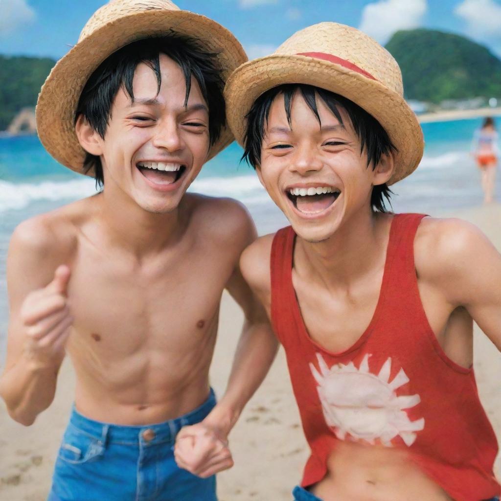 A joyful protagonists, Monkey D. Luffy from One Piece anime, having a fun moment with a person, both are cheerful with a friendly atmosphere