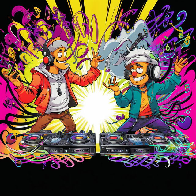 A high-quality digital art image depicting a music battle between a Zoomer with a DJ mixer and a Boomer with an electric guitar