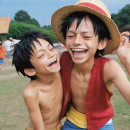 A joyful protagonists, Monkey D. Luffy from One Piece anime, having a fun moment with a person, both are cheerful with a friendly atmosphere