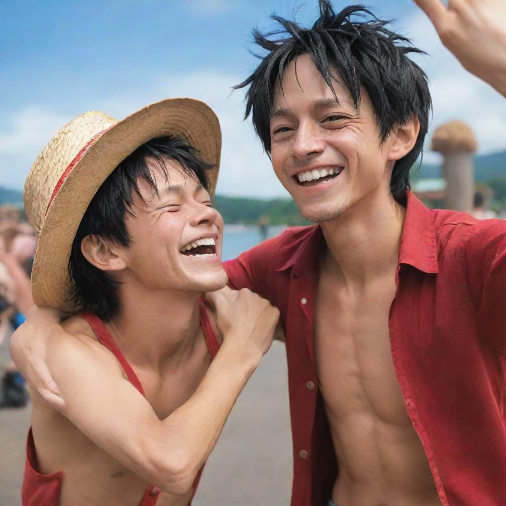 A joyful protagonists, Monkey D. Luffy from One Piece anime, having a fun moment with a person, both are cheerful with a friendly atmosphere