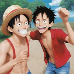 A joyful protagonists, Monkey D. Luffy from One Piece anime, having a fun moment with a person, both are cheerful with a friendly atmosphere