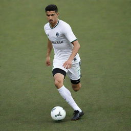 A realistic portrait of the Algerian footballer Baghdad Bounedjah in action, wearing his Al-Sadd sports club uniform and dribbling a football on a grassy pitch with determination in his eyes.