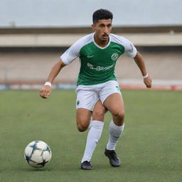 A realistic portrait of the Algerian footballer Baghdad Bounedjah in action, wearing his Al-Sadd sports club uniform and dribbling a football on a grassy pitch with determination in his eyes.