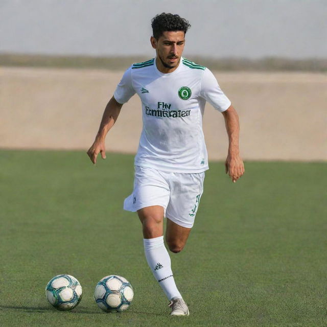 A realistic portrait of the Algerian footballer Baghdad Bounedjah in action, wearing his Al-Sadd sports club uniform and dribbling a football on a grassy pitch with determination in his eyes.