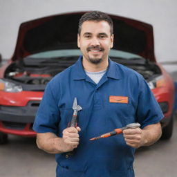 An auto mechanic holding mechanic tools with a car in the background