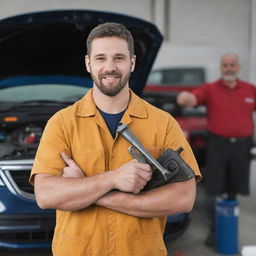 An auto mechanic holding mechanic tools with a car in the background