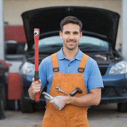 An auto mechanic holding mechanic tools with a car in the background