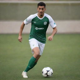 A realistic portrait of the Algerian footballer Baghdad Bounedjah in action, wearing his Al-Sadd sports club uniform and dribbling a football on a grassy pitch with determination in his eyes.