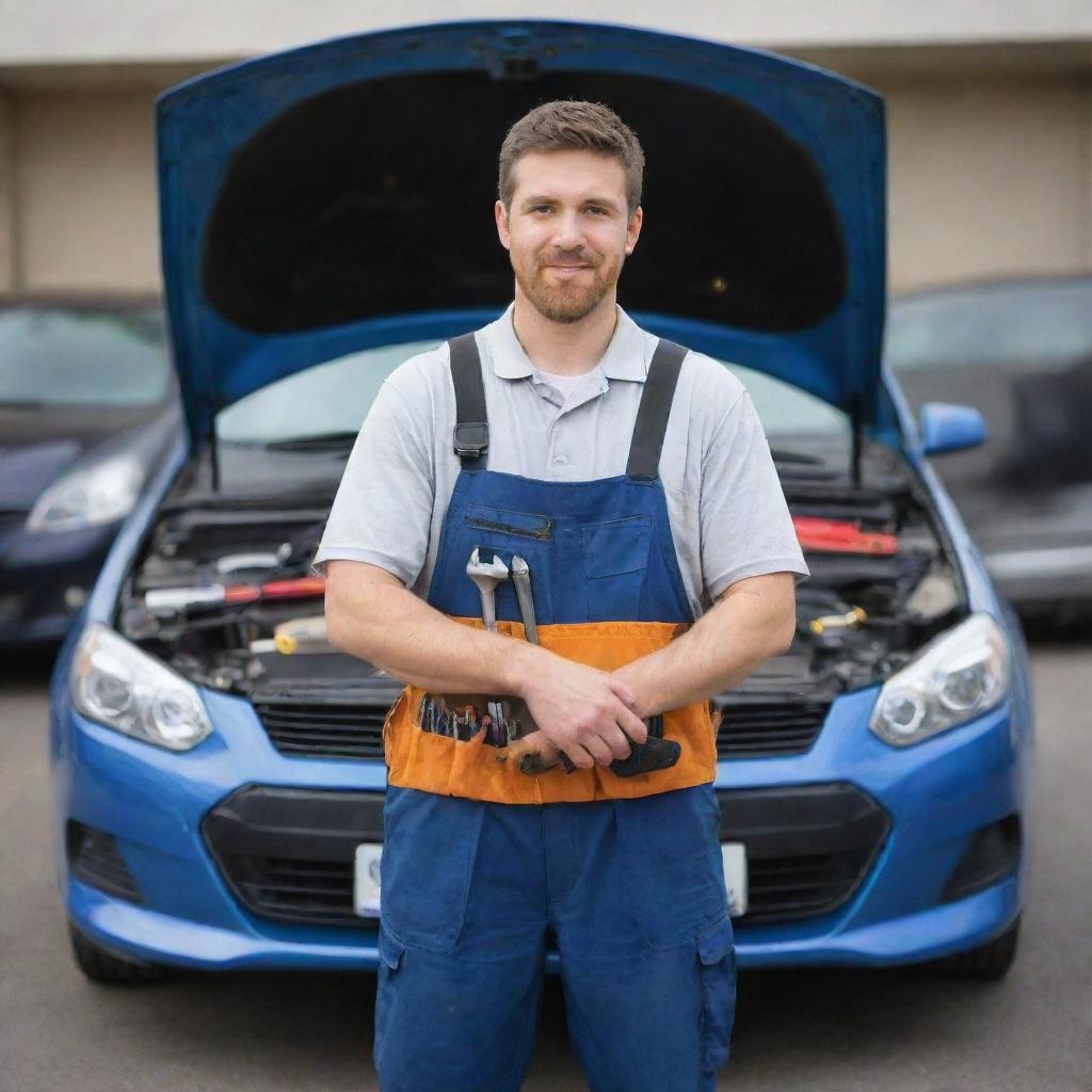 An auto mechanic holding mechanic tools with a car in the background