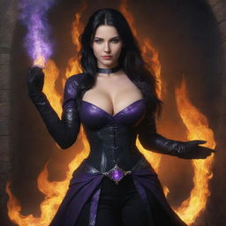 medieval beatifull, bigb boobs, sexy full body, black hair girl with purple eyes with fire aura behind, 23 years old, she is a piro controler, black clothes, sexy, piromancer, in ocation place, charmOfTheRealm, digital art, high detailed