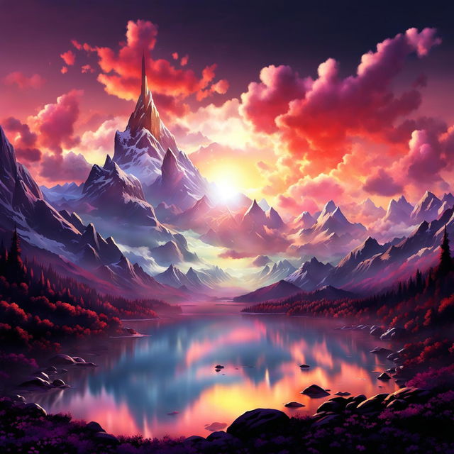 A digital art image of an exceptionally aesthetic mountain scene, bathed in the soft hues of a setting sun, with a serene lake in the foreground