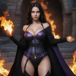 medieval beatifull, bigb boobs, sexy full body, black hair girl with purple eyes with fire aura behind, 23 years old, she is a piro controler, black clothes, sexy, piromancer, in ocation place, charmOfTheRealm, digital art, high detailed