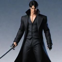 Jin Kazama from Tekken, dressed in a stylish black long coat, carrying a katana, and styled as a Vice Admiral from the anime One Piece.