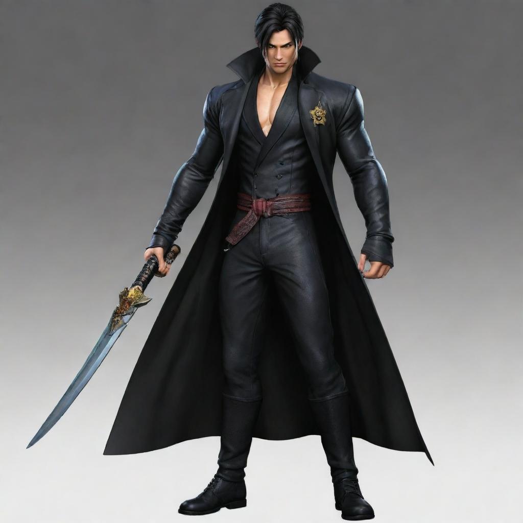 Jin Kazama from Tekken, dressed in a stylish black long coat, carrying a katana, and styled as a Vice Admiral from the anime One Piece.