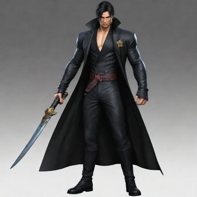 Jin Kazama from Tekken, dressed in a stylish black long coat, carrying a katana, and styled as a Vice Admiral from the anime One Piece.