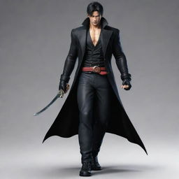 Jin Kazama from Tekken, dressed in a stylish black long coat, carrying a katana, and styled as a Vice Admiral from the anime One Piece.