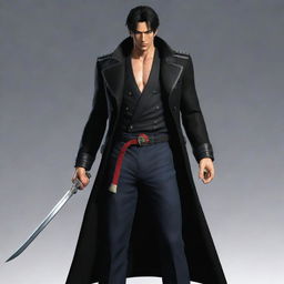 Jin Kazama from Tekken, dressed in a stylish black long coat, carrying a katana, and styled as a Vice Admiral from the anime One Piece.