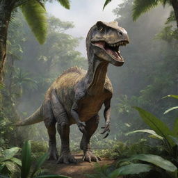 A realistic, intricately detailed dinosaur standing in a lush, prehistoric jungle landscape.