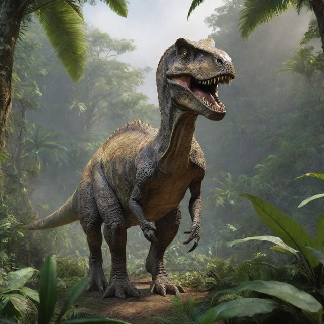 A realistic, intricately detailed dinosaur standing in a lush, prehistoric jungle landscape.