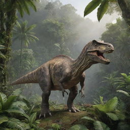 A realistic, intricately detailed dinosaur standing in a lush, prehistoric jungle landscape.