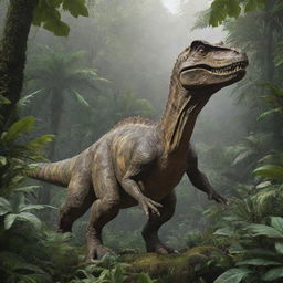 A realistic, intricately detailed dinosaur standing in a lush, prehistoric jungle landscape.