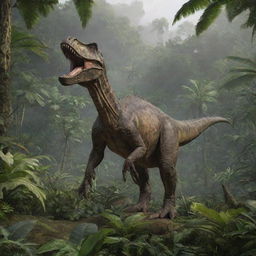 A realistic, intricately detailed dinosaur standing in a lush, prehistoric jungle landscape.