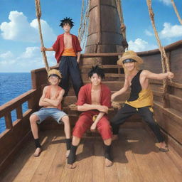 Anime protagonists, Naruto from Naruto, Ichigo from Bleach, and Monkey D. Luffy from One Piece, together on the deck of Luffy's pirate ship, the 'Going Merry', having a fantastic bonding moment.